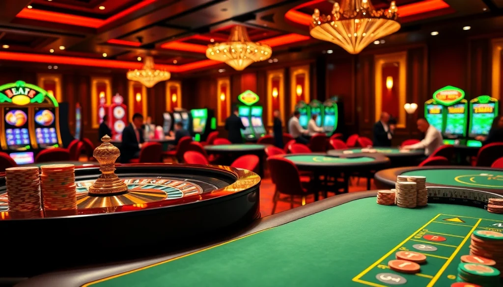 The excitement of 7upbet in a luxurious casino featuring roulette and poker games.