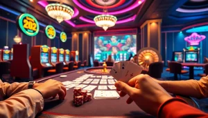 Engage in thrilling gameplay at https://23win8b.com/ with players at a luxurious casino poker table.