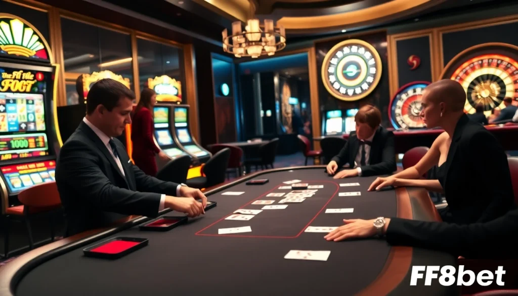 Experience the thrill of F8bet with players engaging at an elegant poker table in a luxurious casino.
