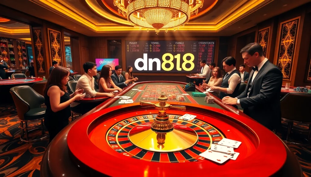 Exciting casino scene featuring players engaged at tables showcasing dn88 betting strategies.