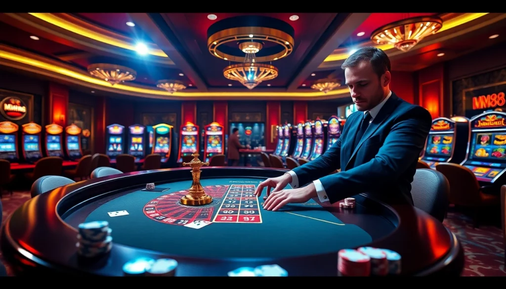 The excitement of winning at MM88 with roulette, poker chips, and a dynamic casino atmosphere.