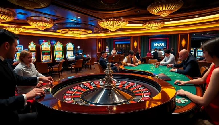 Gamblers winning at MM88 casino table under vibrant lights and luxurious decor.