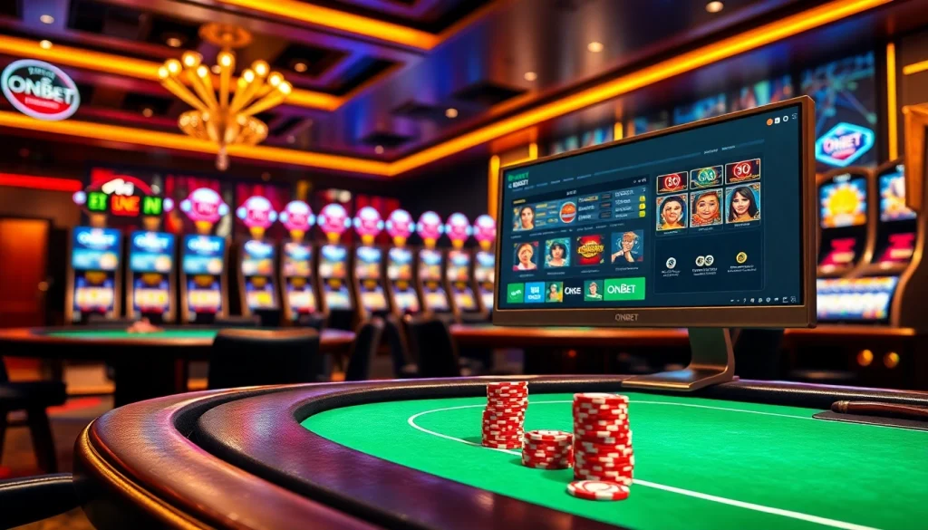 Join the world of ONBET with thrilling poker chips, vibrant slot machines, and engaging online betting.