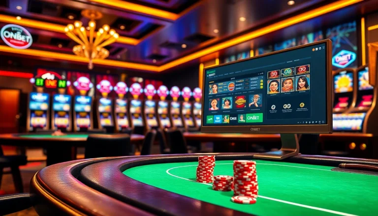 Join the world of ONBET with thrilling poker chips, vibrant slot machines, and engaging online betting.