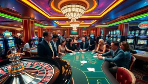 Excited players celebrating a win at vn88 casino, featuring roulette and blackjack tables.