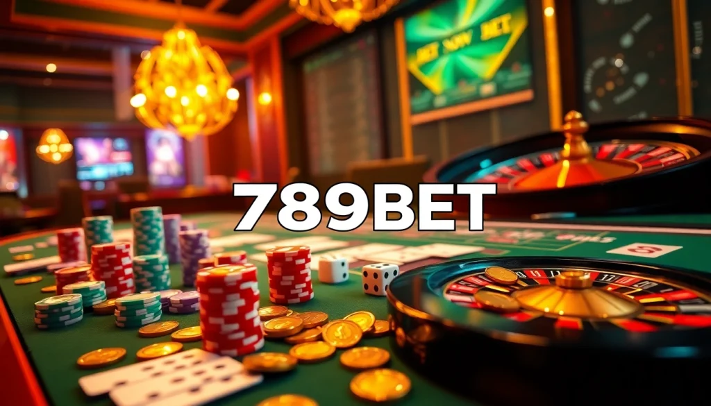 Experience the thrill of winning at 789BET with exciting poker games and vibrant chips on an elegant casino table.