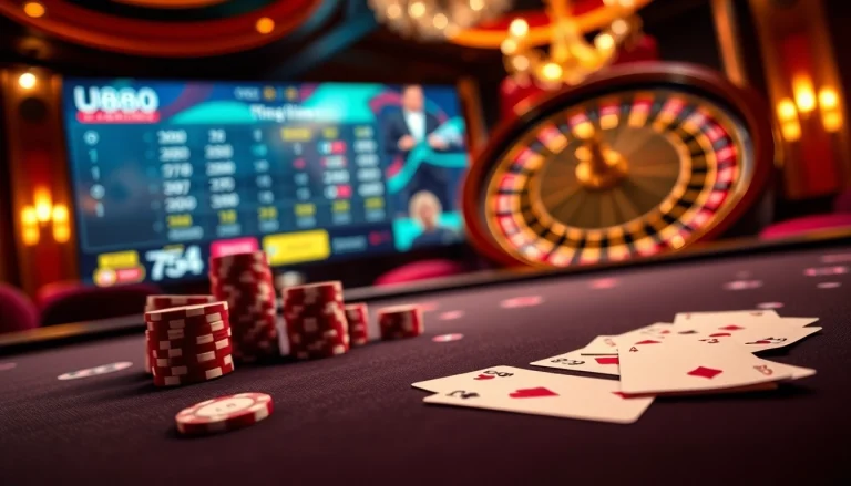 U888 online casino scene with poker chips and a roulette wheel representing luxury gaming.
