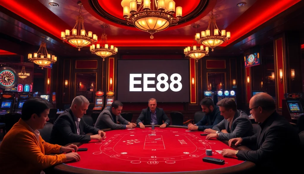 EE88 logo displayed in a luxurious casino setting with poker and roulette.