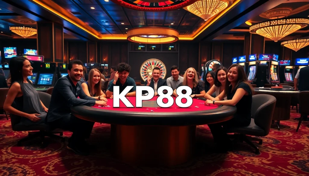 Exciting gaming scene with KP88 at a poker table, showcasing high-stakes action and vibrant atmosphere.