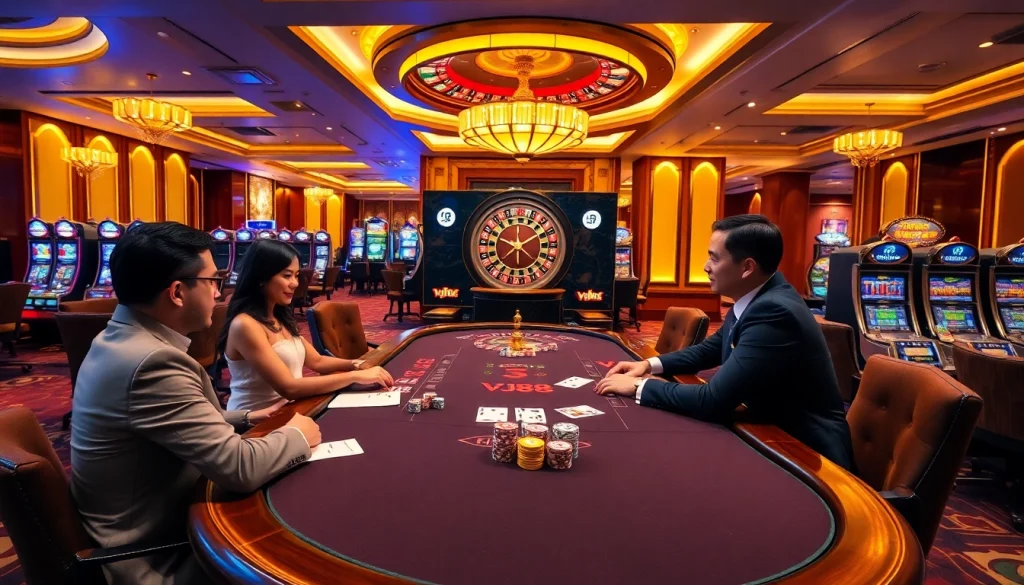 Experience the excitement of VJ88 at a luxurious casino with vibrant tables and colorful chips.