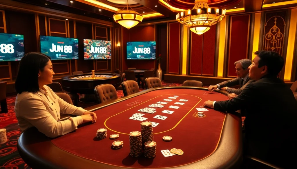 Experience high-stakes poker action at Jun 88 casino with vibrant gaming elements and ambiance.