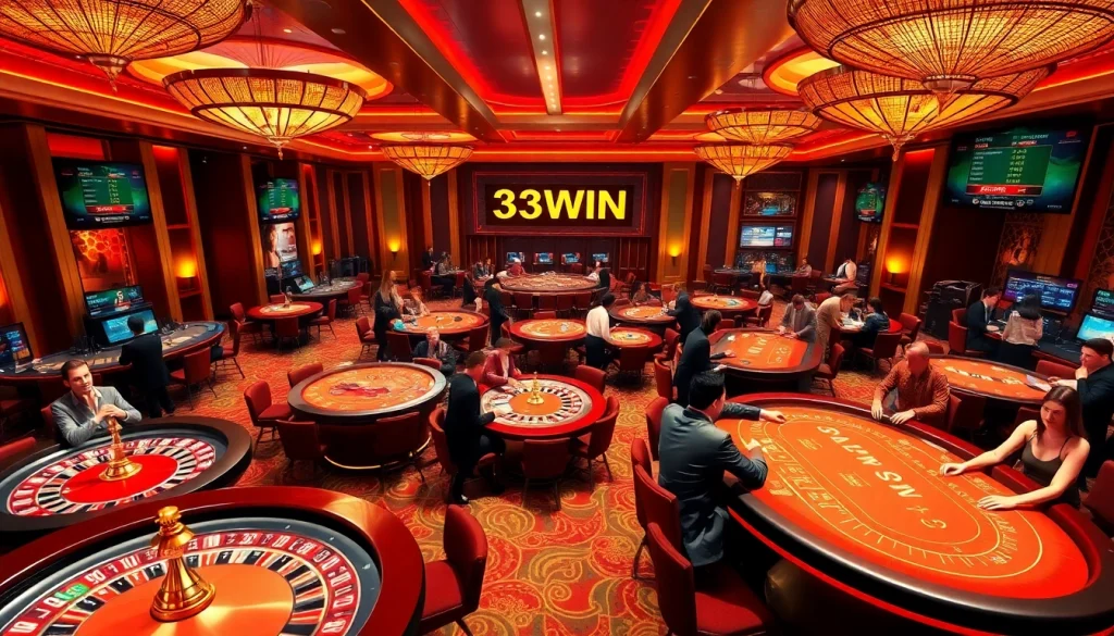 Experience the thrilling atmosphere at 33WIN with poker tables and roulette wheels highlighting exciting gameplay.