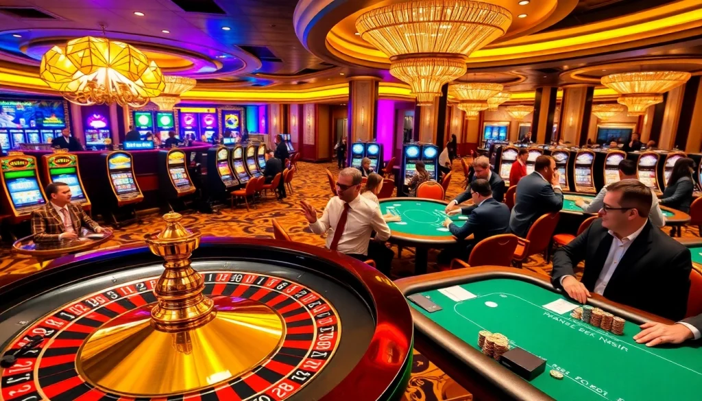 Excited gamblers enjoying a thrilling M88 casino experience with roulette, poker, and slot machines.