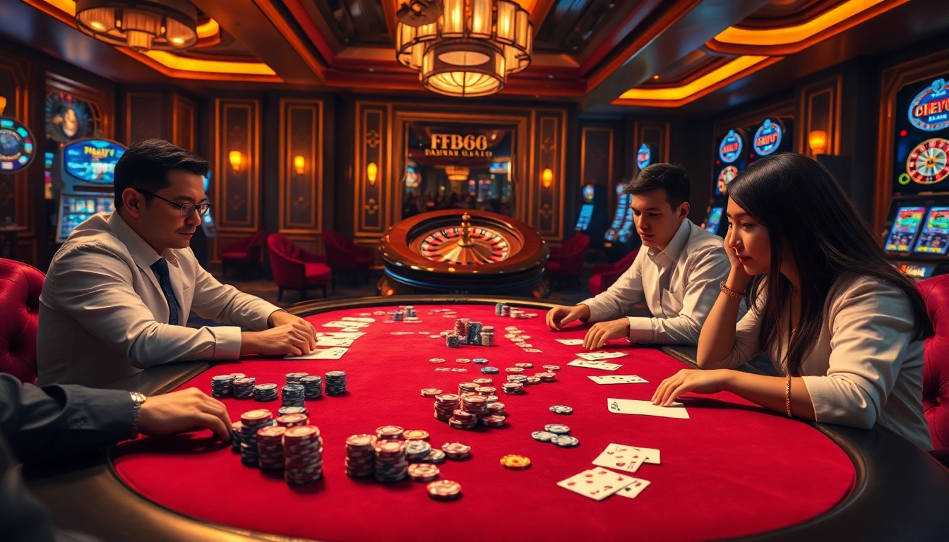 Experience the thrill of poker at FB68, where skilled players engage in intense gameplay surrounded by luxury.