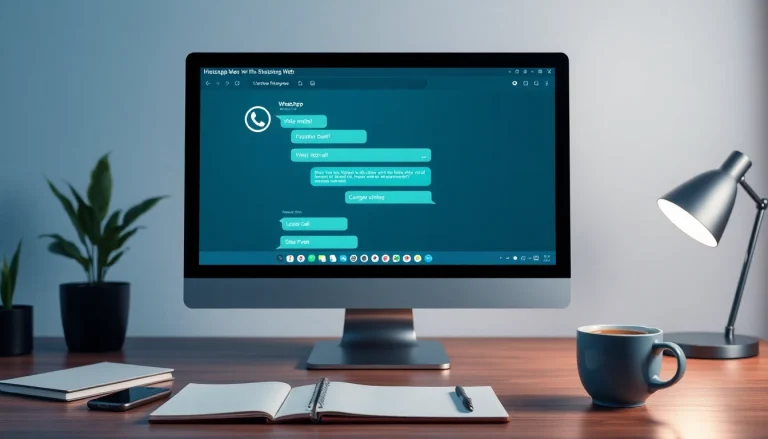 展示在现代工作空间中的 WhatsApp Web 界面，演示快连VPN 的语音消息与视频通话等功能。