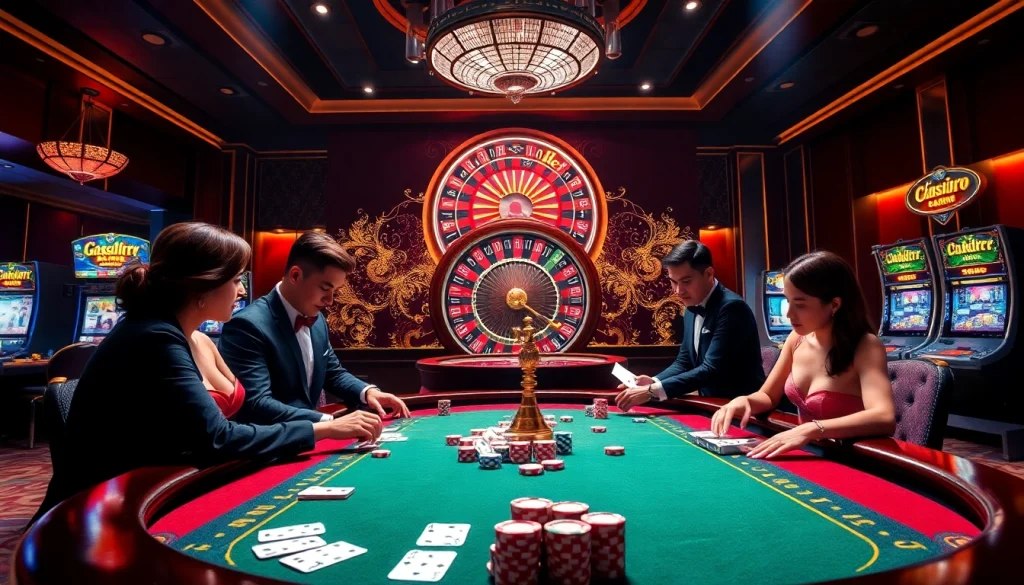 Experience thrilling casino gameplay at https://hz88.forum/, showcasing poker tables and vibrant roulette wheels.