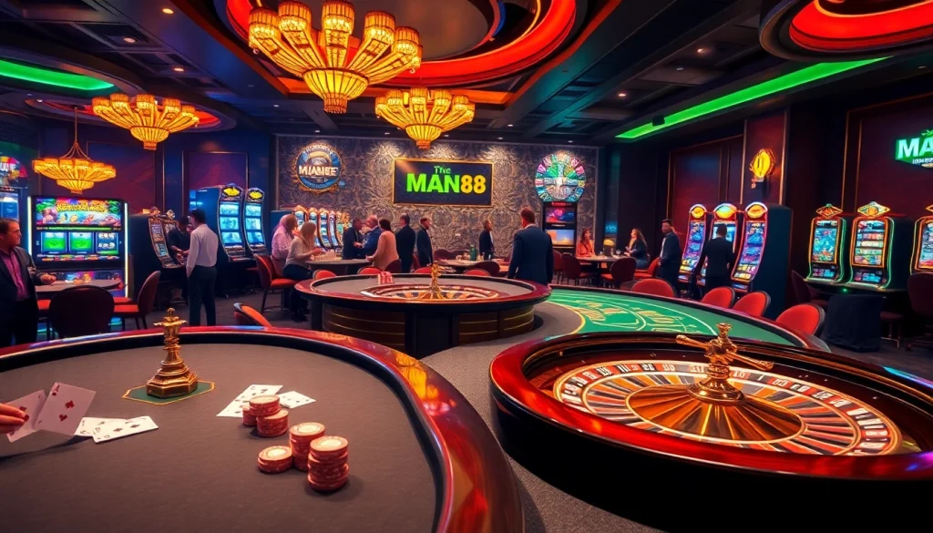 Exciting gaming action at Man88's luxurious casino tables with vibrant roulette and poker setups.