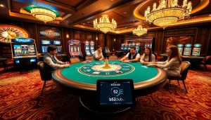 Experience the excitement of b52club with players at a luxurious poker table in a vibrant casino.
