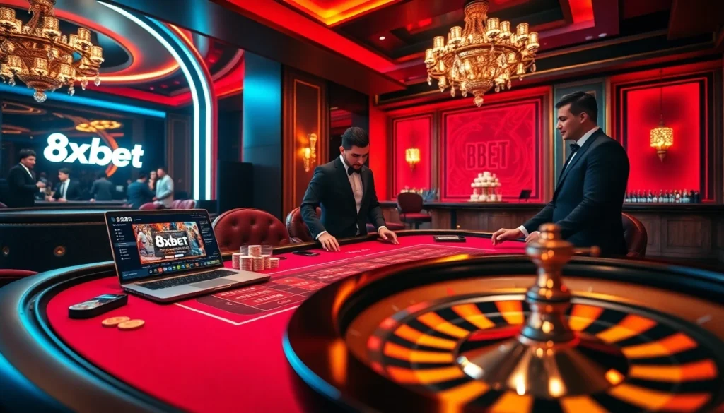 Experience the high stakes at 8xbet's glamorous casino atmosphere featuring blackjack and roulette.