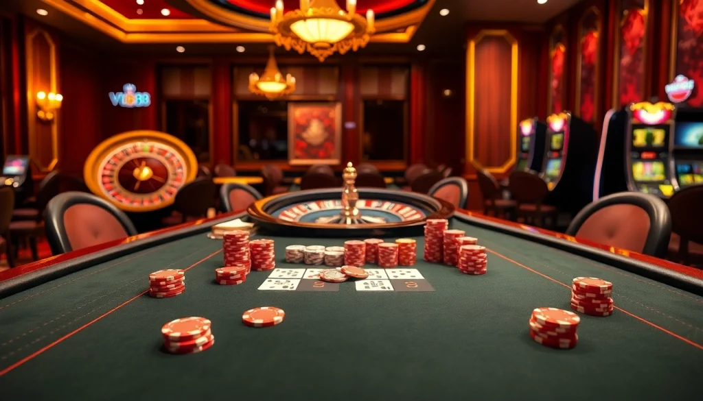 Experience the thrill of vn88 at a glamorous casino table with cards and chips.