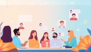 مشهد دردشة رقمية تفاعلية يمثل شات دردشتي بمستخدمين متنوعين يتواصلون عبر النص والفيديو.