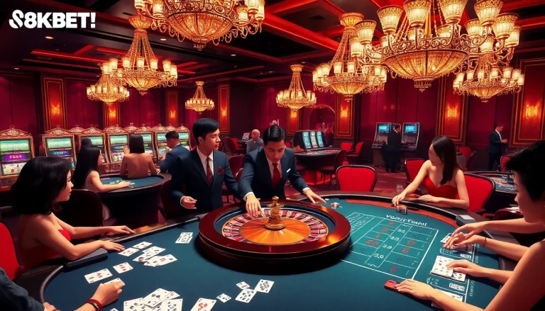 Excited players enjoying a thrilling gaming experience at 8KBET's casino atmosphere.