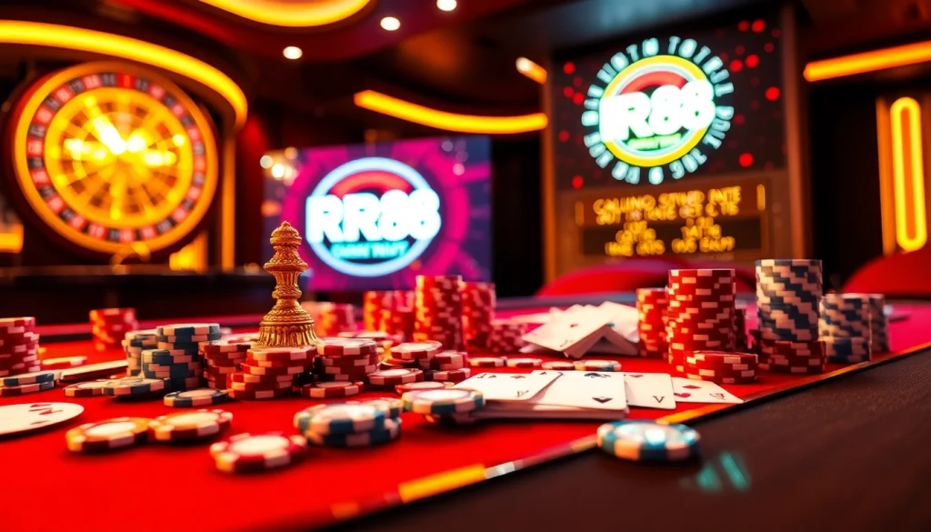 RR88 logo shining among vibrant casino elements like poker chips and roulette wheel.