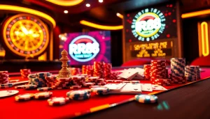 RR88 logo shining among vibrant casino elements like poker chips and roulette wheel.