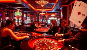 Engaged players at FUN79 casino tables, enjoying vibrant gaming with poker chips and slot machines.