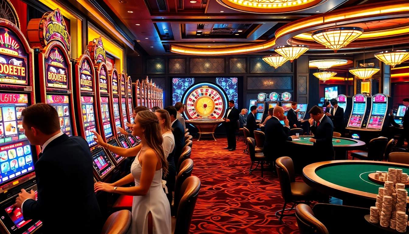 Experience the thrill of Bro138 at a vibrant casino, featuring luxurious slot machines and excited players.