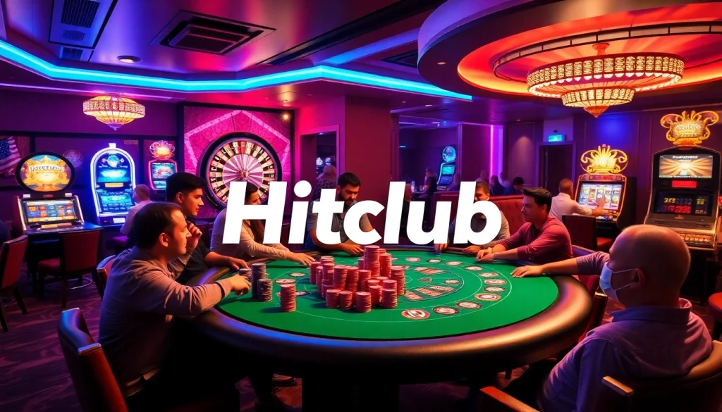 Hitclub gaming scene with vibrant poker action and roulette excitement in a luxurious casino.