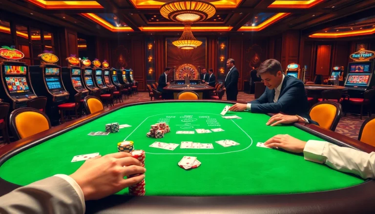 An exciting casino experience with poker players at a table, showcasing http://8kbetsg.com's luxurious gaming atmosphere.