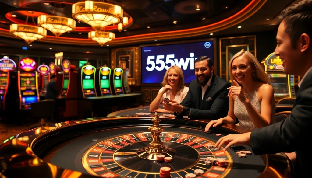 Players celebrating their wins at 555win casino, featuring vibrant slot machines and poker chips.