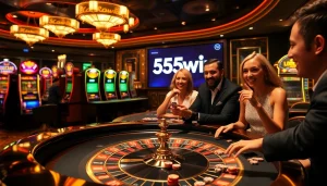 Players celebrating their wins at 555win casino, featuring vibrant slot machines and poker chips.