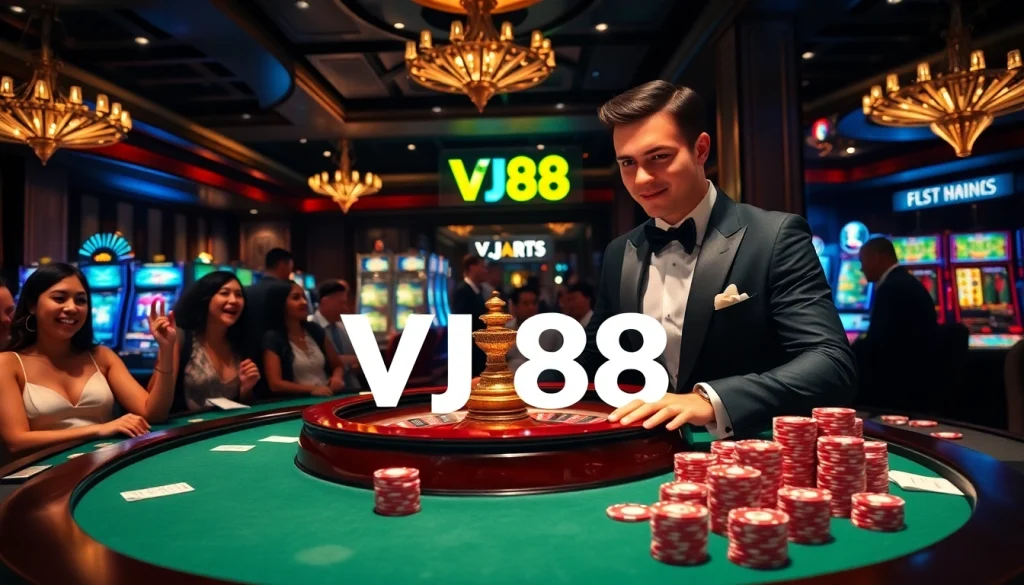 Experience the excitement of VJ88 at a vibrant casino table with players and colorful betting chips.