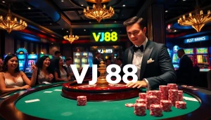 Experience the excitement of VJ88 at a vibrant casino table with players and colorful betting chips.