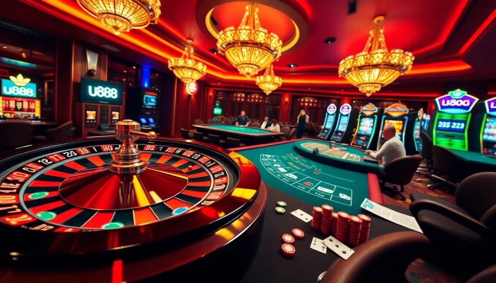 Experience high-stakes gaming at u888 with an engaging casino scene featuring roulette and blackjack.