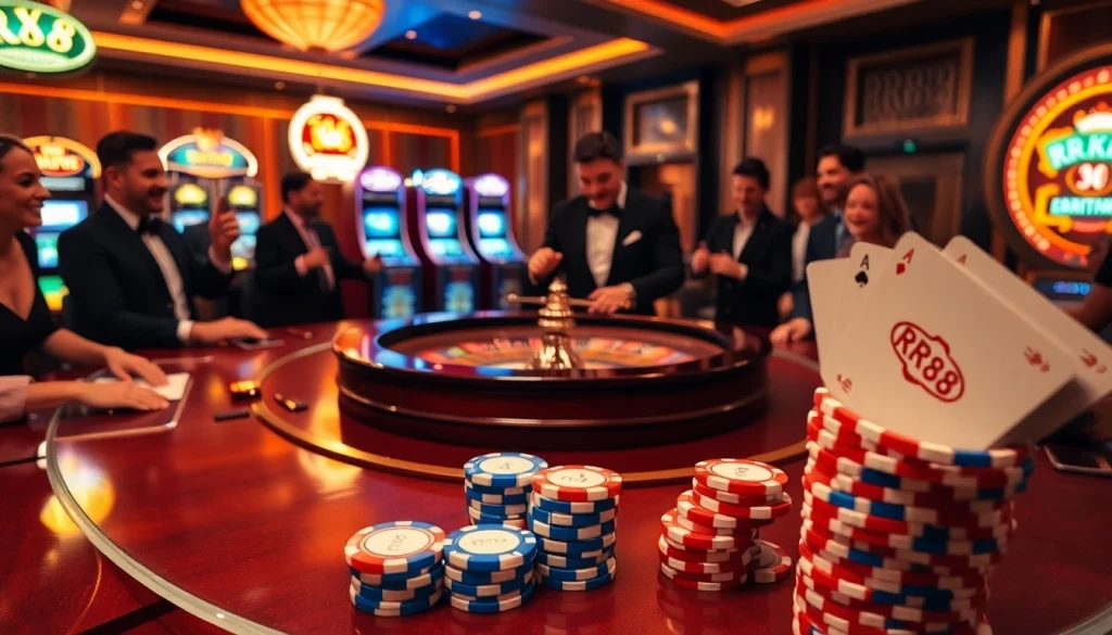 Excited players enjoy RR88 at an elegant casino table filled with poker chips and cards.