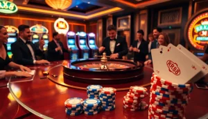 Excited players enjoy RR88 at an elegant casino table filled with poker chips and cards.