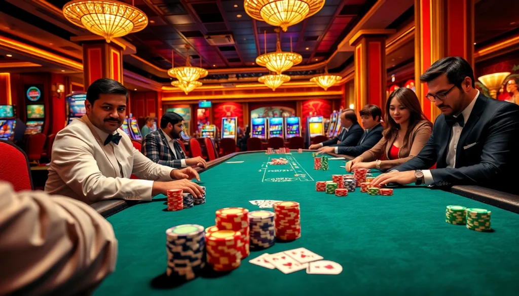 An engaging casino scene at https://hanoiculturetravel.com/ featuring a high-stakes poker game, with players focused on their cards.