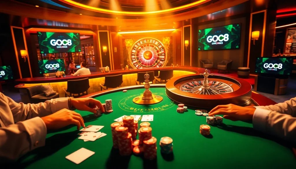GO8 players engaging at a luxury poker table in a vibrant casino atmosphere, showcasing high-stakes excitement.