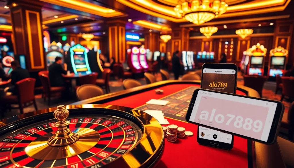 A dynamic scene showcasing alo789 with players engaged in roulette and poker, exuding excitement and elegance.