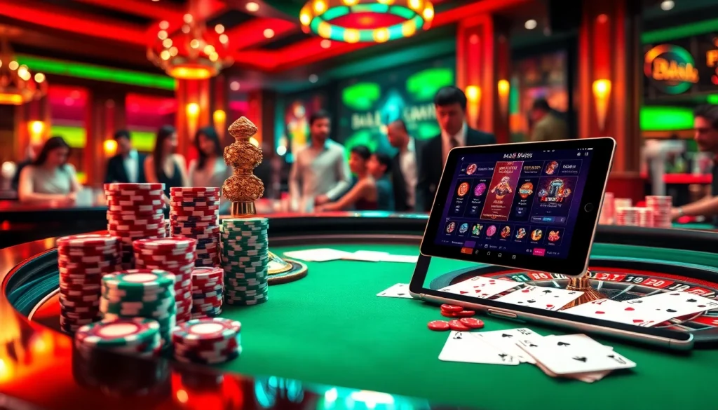 Experience the thrill of gaming at BL555 with a vibrant roulette table and cards.