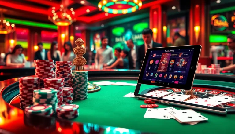 Experience the thrill of gaming at BL555 with a vibrant roulette table and cards.