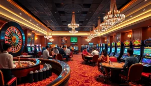 Experience the thrill of lô kép betting at a luxurious casino, featuring vibrant roulette wheels and poker tables.