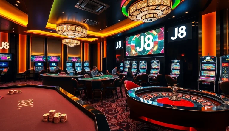 J8 Casino showcasing a luxurious gambling environment with poker tables and slot machines.
