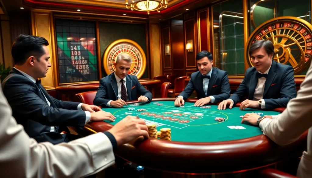 Players strategizing at a high-stakes poker table in DH88 casino, showcasing thrilling gambling action.