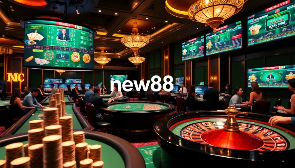 Engage in thrilling live gaming at new88 casino with vibrant tables, chips, and excitement.