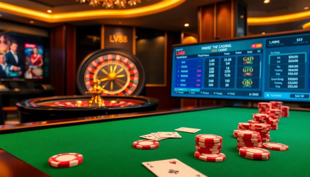 Experience the excitement of gaming at LV88 with a luxurious poker setup and vibrant chips.
