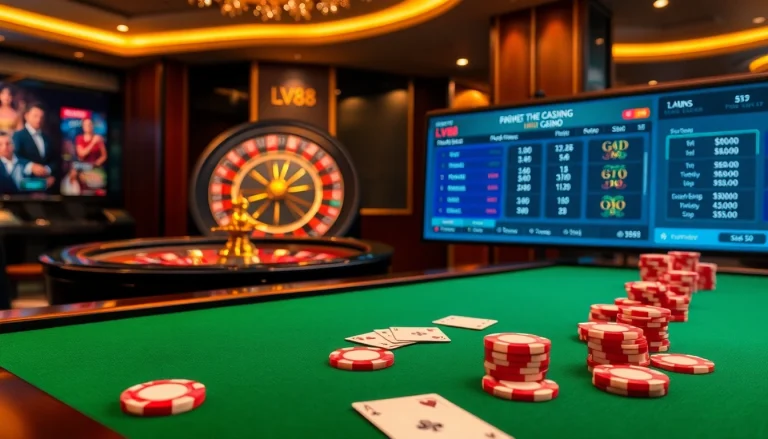 Experience the excitement of gaming at LV88 with a luxurious poker setup and vibrant chips.